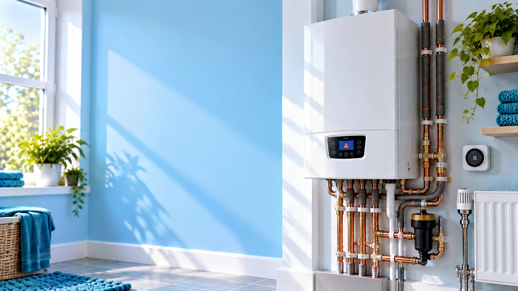 Wall-mounted domestic boiler, thermostat and visible external plumbing in a bright utility room