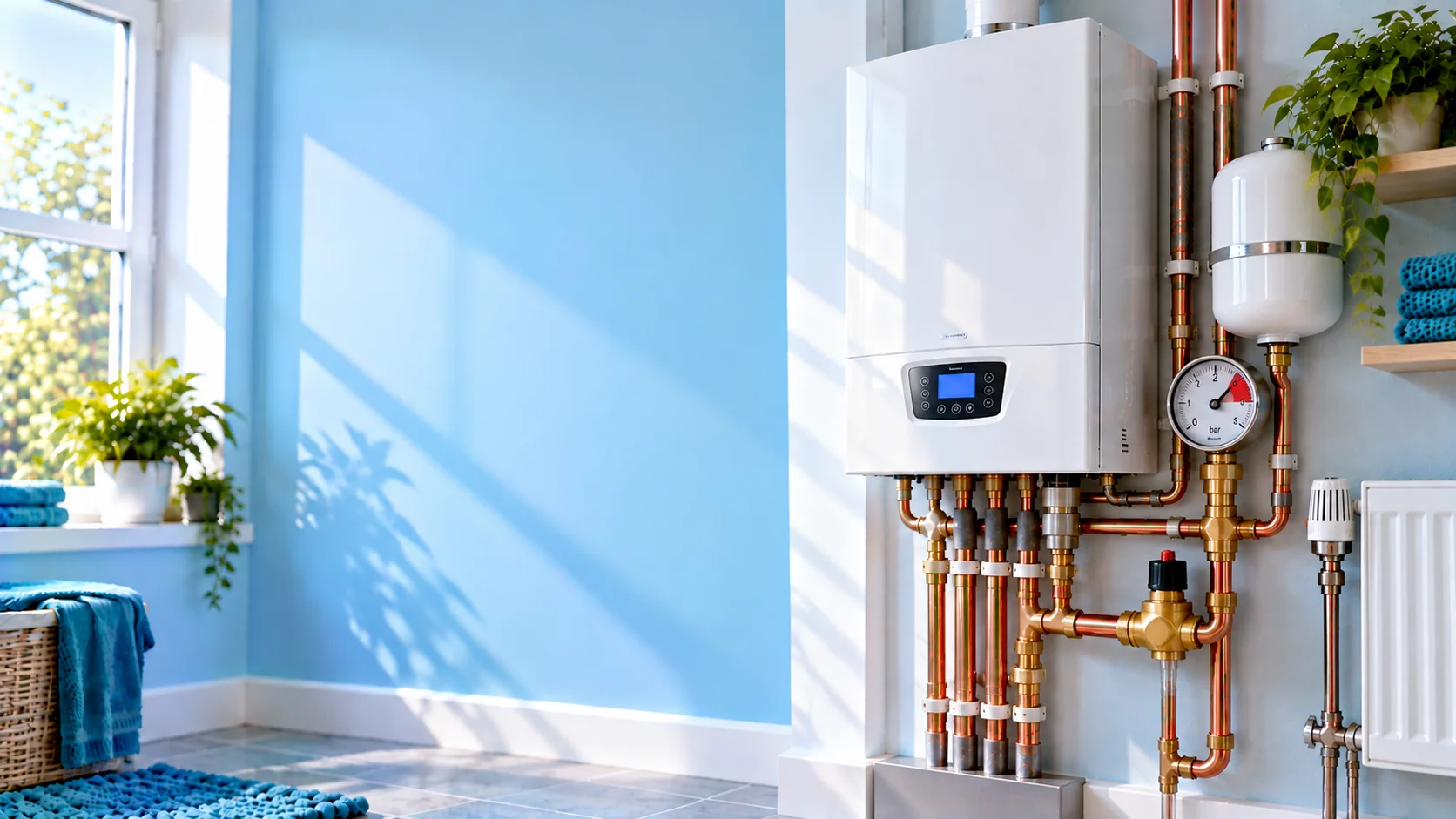 Boiler and pressure gauge near its upper range, with exposed copper pipework and an expansion vessel in a bright utility room