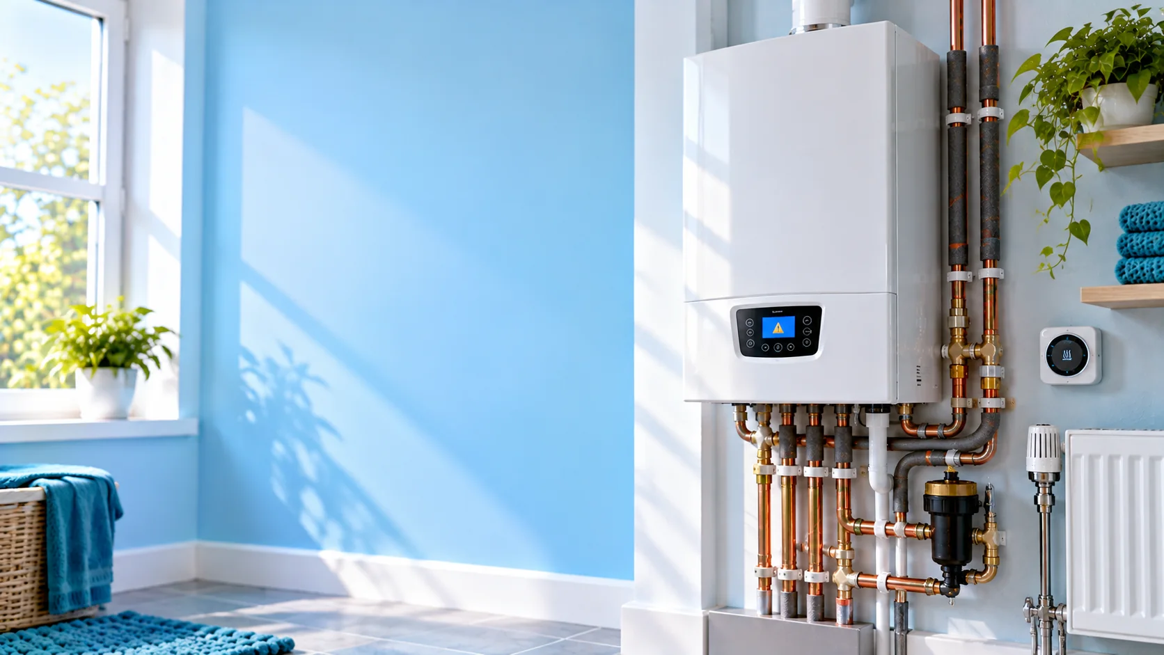 Wall-mounted white boiler with visible plumbing and room heating controls