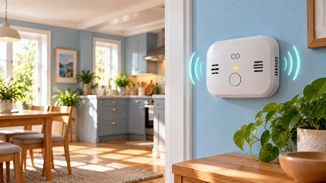 Wall-mounted carbon monoxide alarm with an indicator light in a bright home kitchen