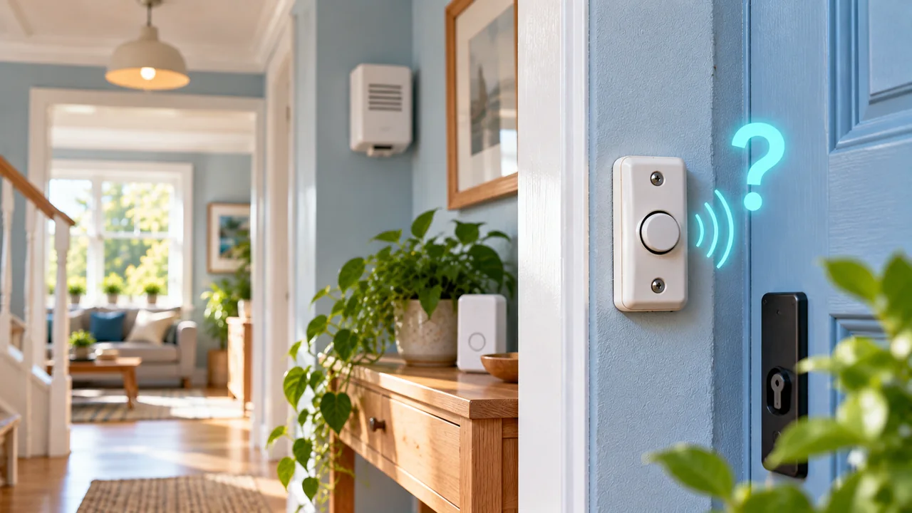 White doorbell push with turquoise question-mark signal by a blue entrance door, with indoor chime visible in the hallway