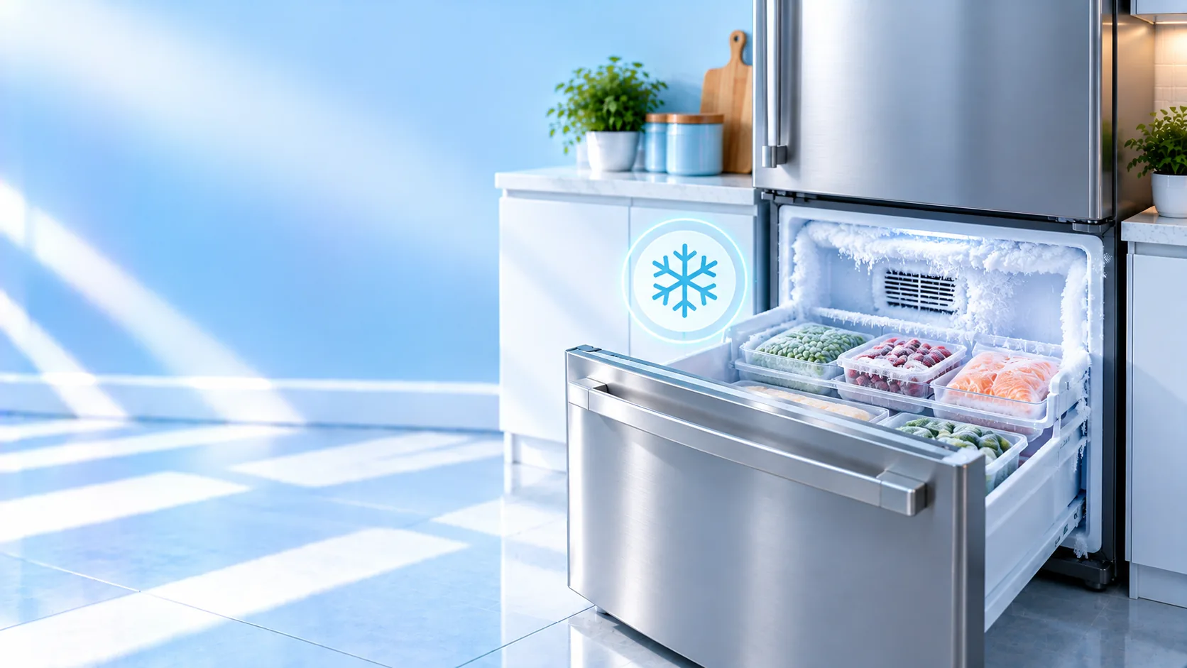 Open lower freezer drawer with frost around its rim, frozen food and a highlighted snowflake in a pale-blue kitchen