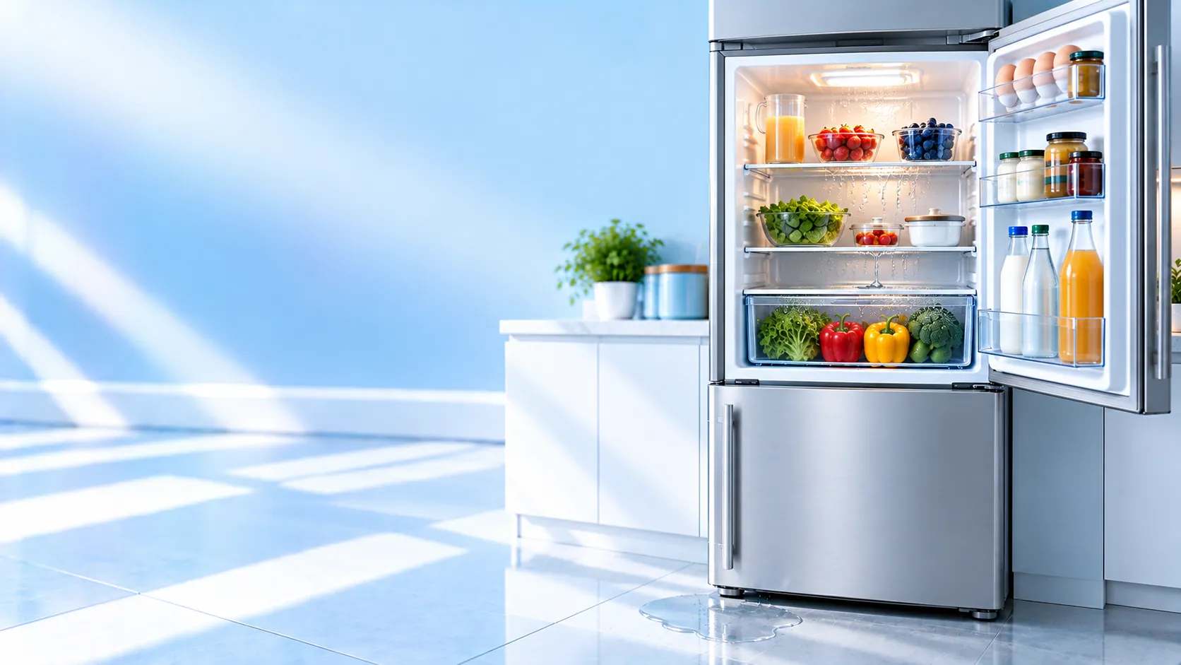 Open silver refrigerator in a pale-blue kitchen with condensation on the shelves and a small puddle on the floor