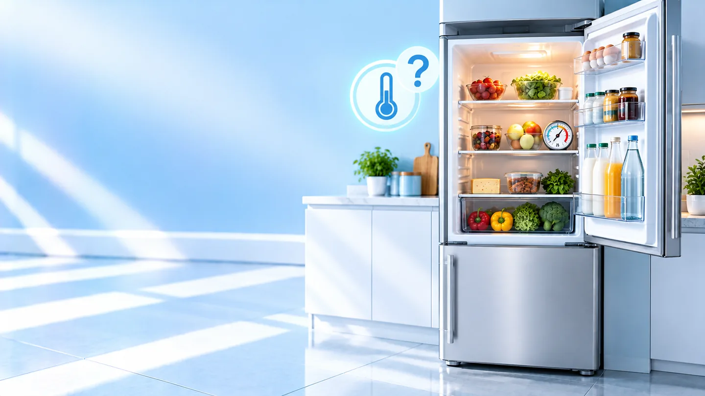 Open fridge in a modern kitchen with a food thermometer and question mark