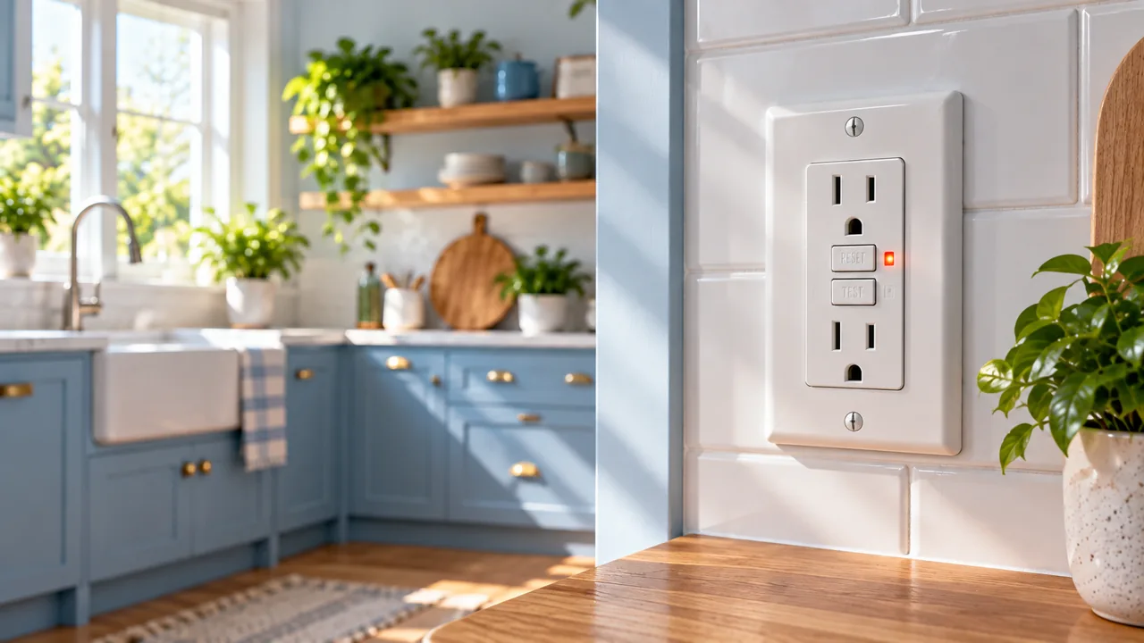 White TEST and RESET GFCI receptacle on a tiled kitchen backsplash with an indicator light