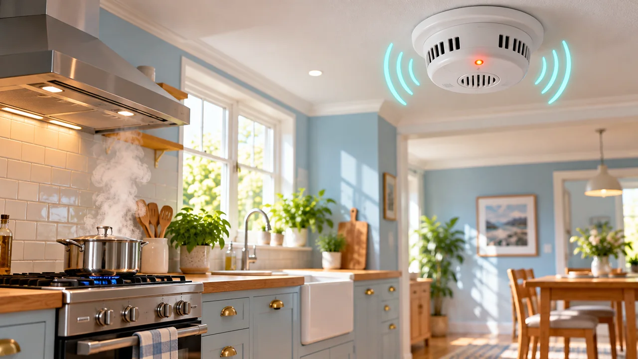 White ceiling-mounted heat detector over a sunlit kitchen with rising cooking heat and warning arcs