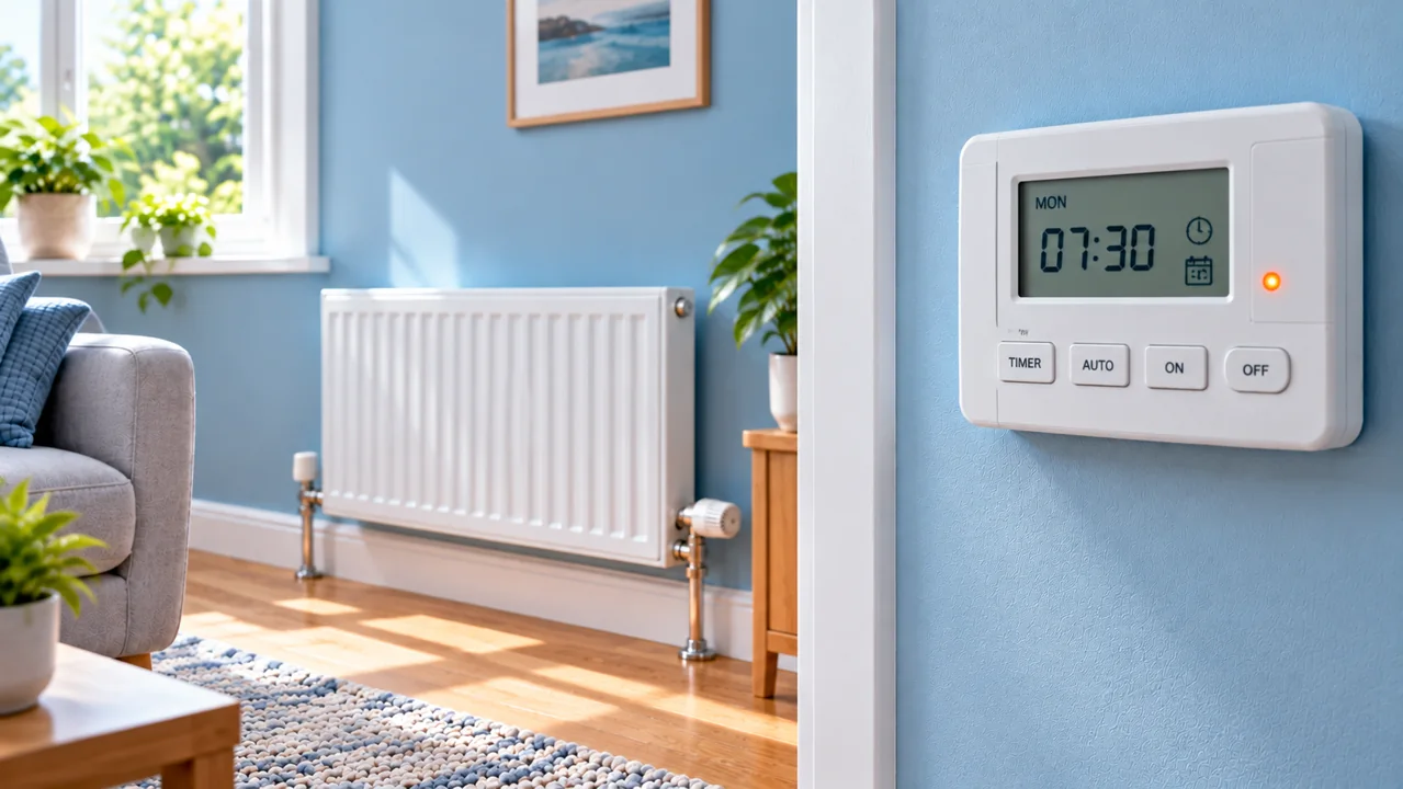White central heating timer showing Monday 07:30 in a sunlit room with a radiator