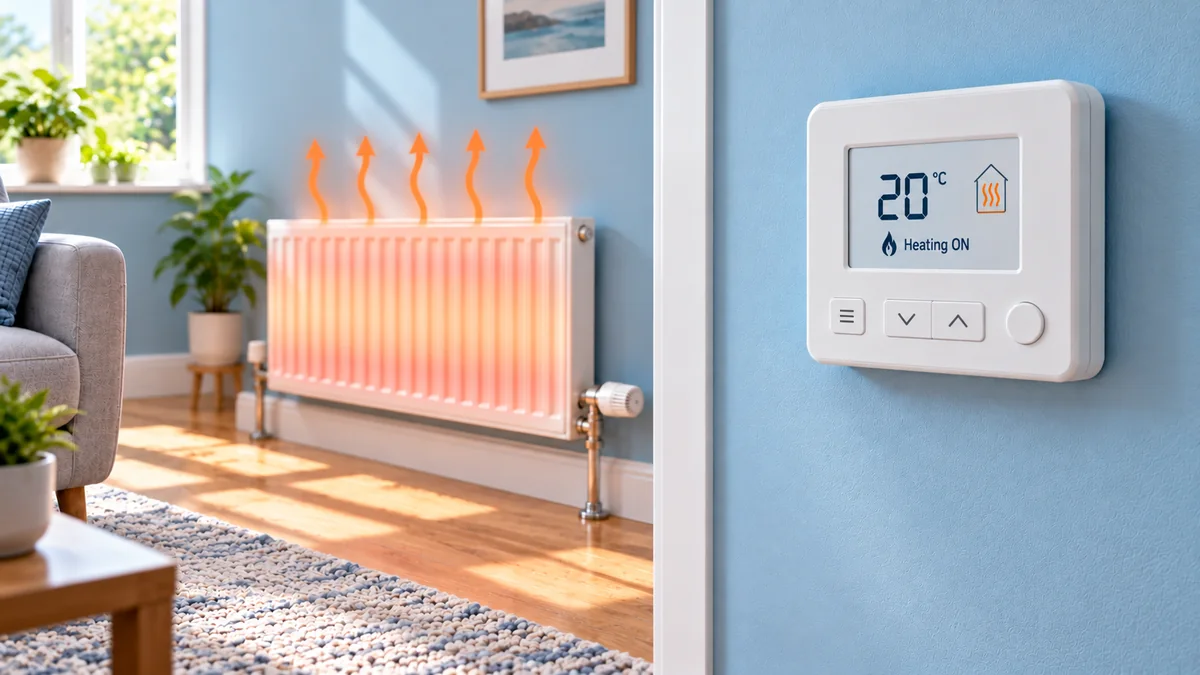 Warm radiator and active thermostat shown in a sunlit living room