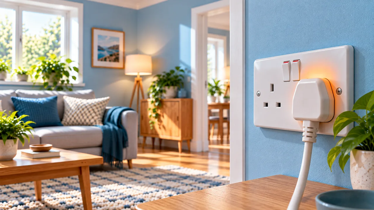 White UK double wall socket with a plugged-in appliance and a subtle orange heat warning around one plug, in a bright living room