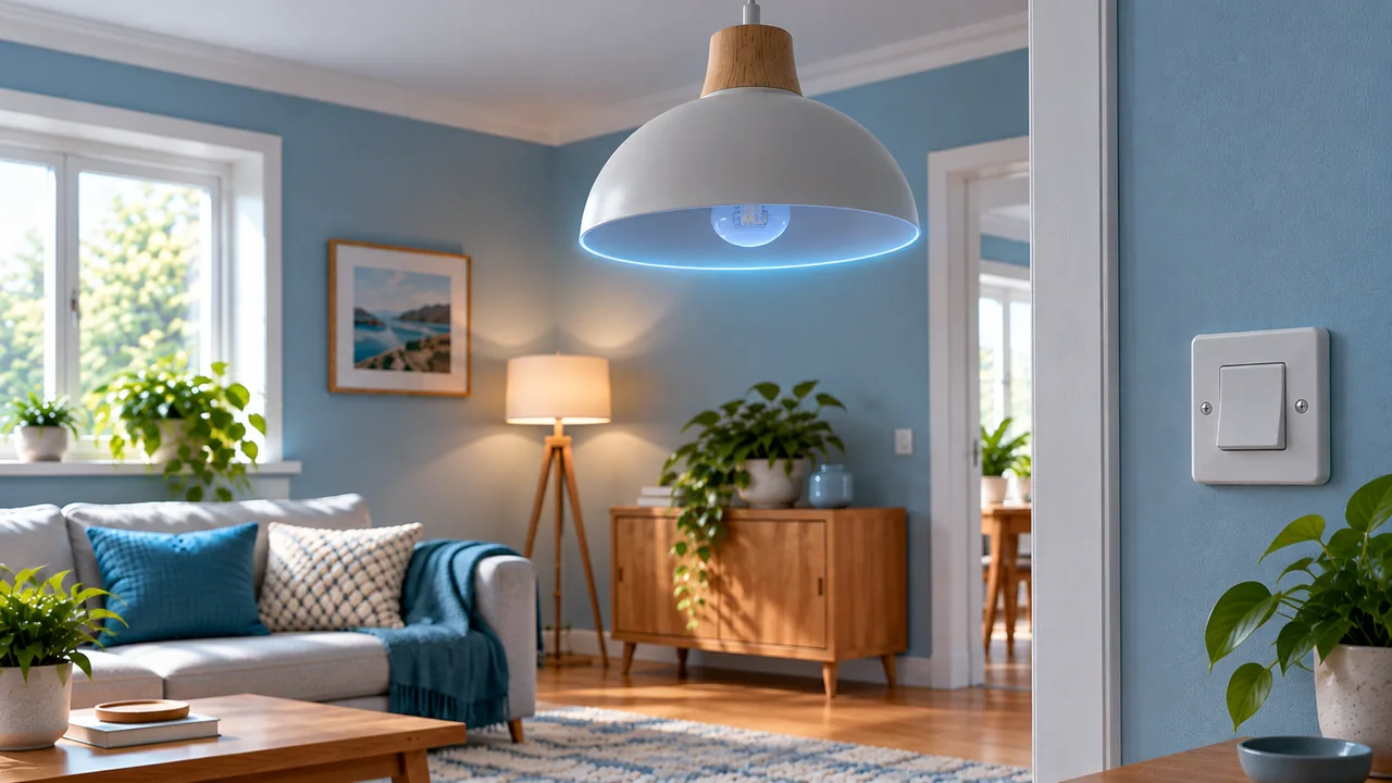 Pendant LED showing a faint cool-blue glow after its wall switch has been turned off in a calm living room