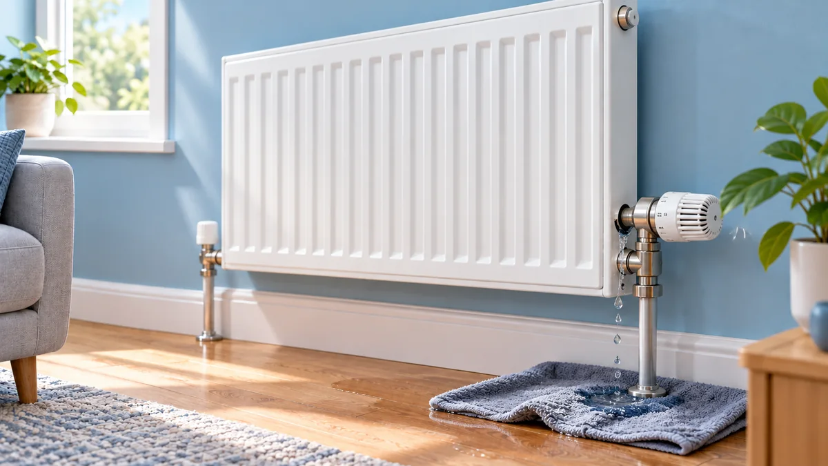 White panel radiator in a living room dripping water from the thermostatic valve into a towel on the wooden floor