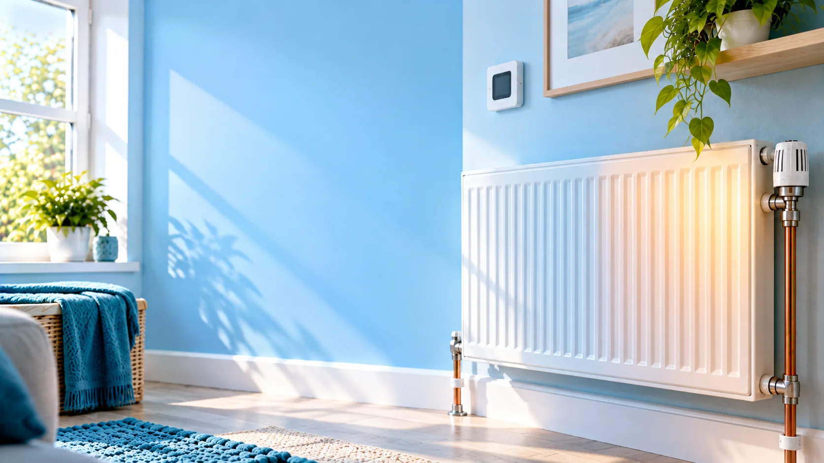 White domestic panel radiator in a sunlit blue room