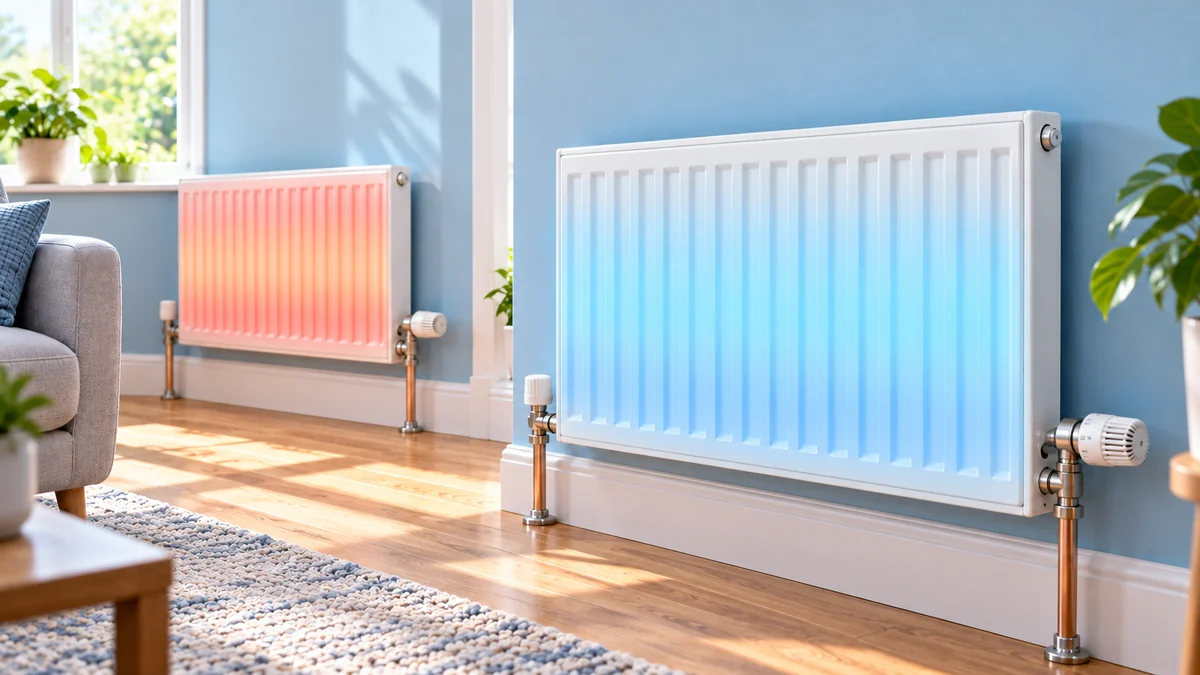 Two white radiators in a bright room, one glowing warmly and the other remaining cold blue