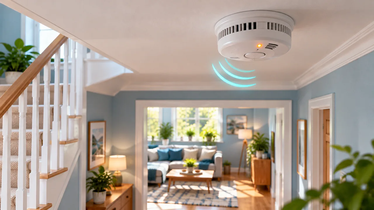 Ceiling-mounted smoke alarm emitting a warning chirp in a bright modern hallway