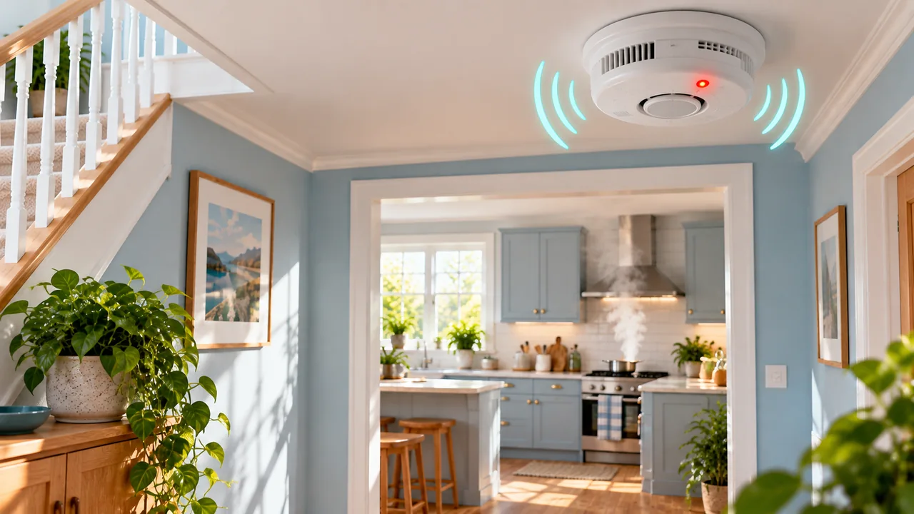 Ceiling-mounted smoke alarm sounding near a kitchen producing steam