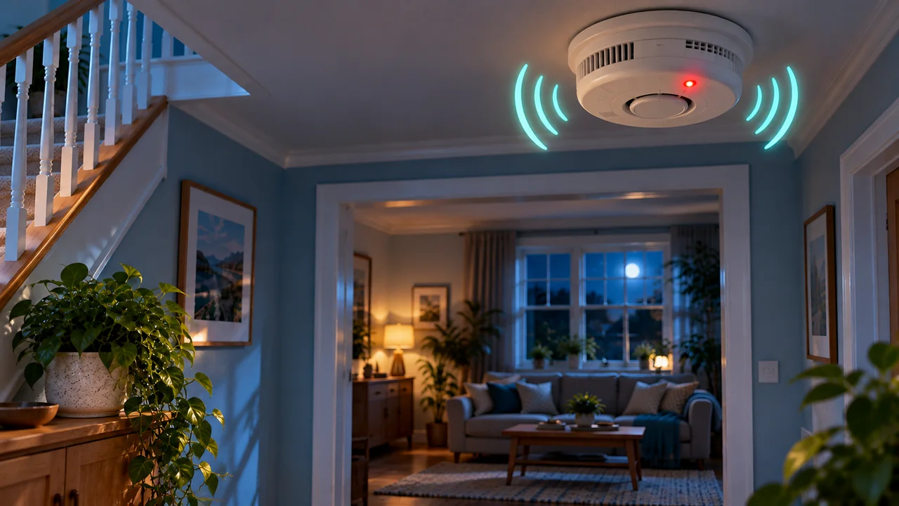 Ceiling-mounted smoke alarm with a red status light and turquoise warning waves in a moonlit living room