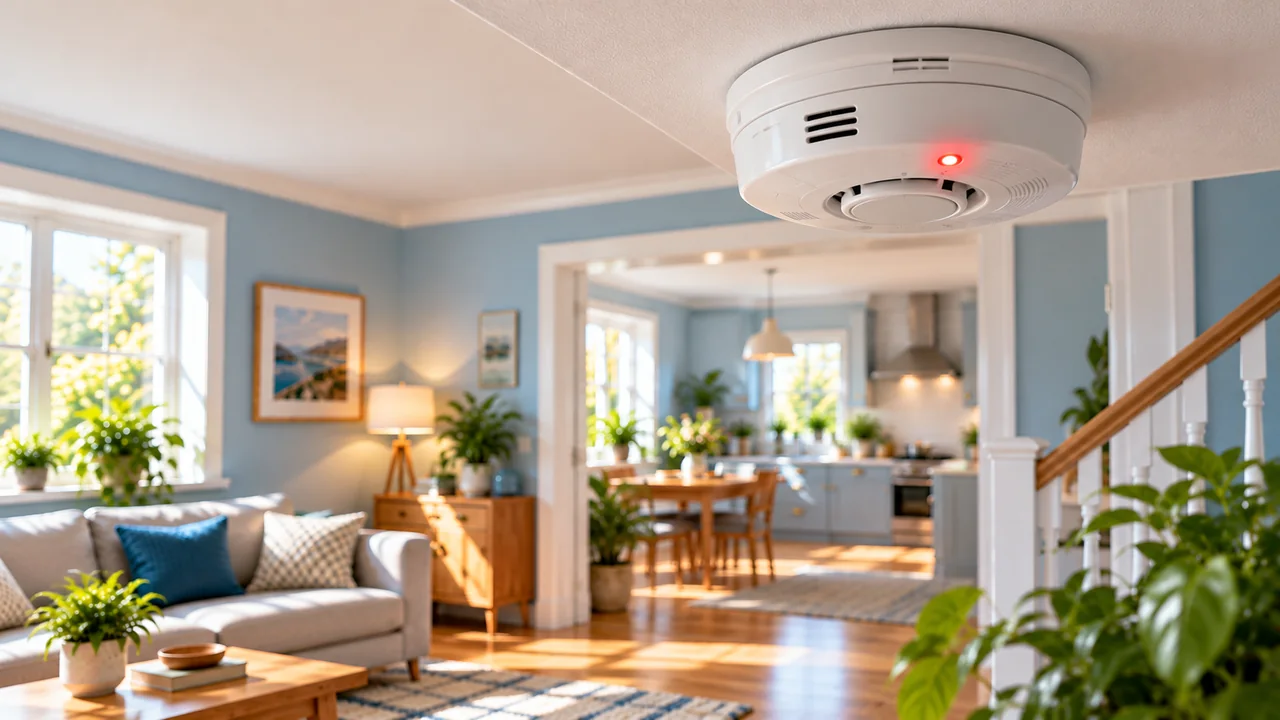 White ceiling-mounted smoke alarm with a lit red indicator in a bright blue-and-white living room