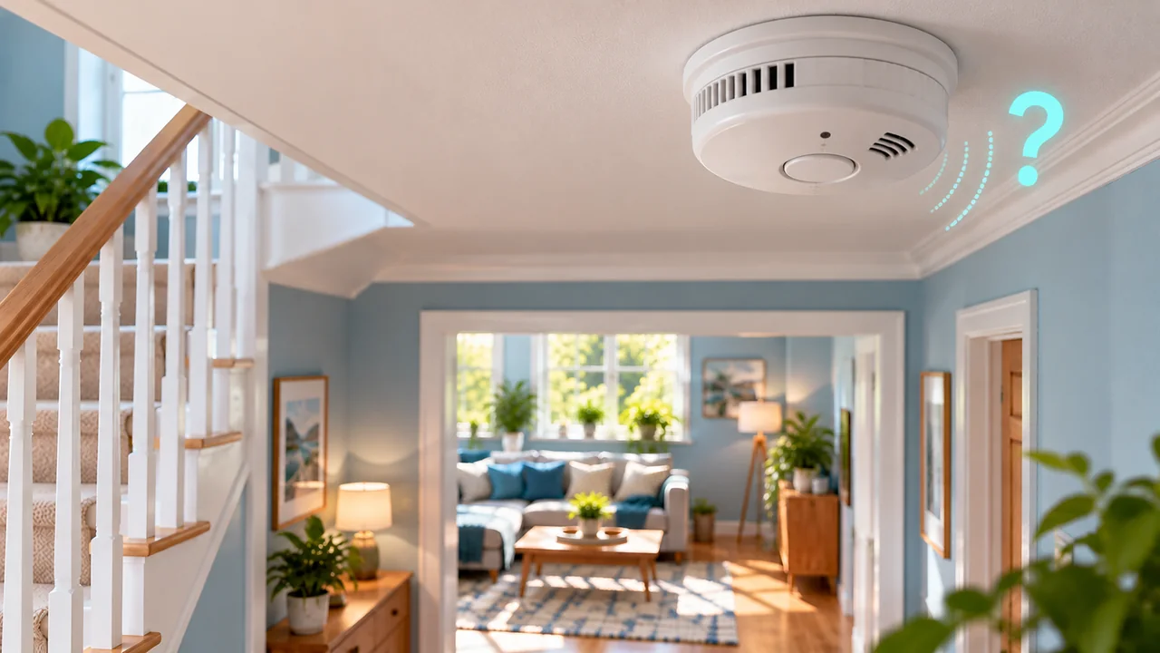 White ceiling-mounted smoke alarm with a question mark in a sunlit blue-and-white home