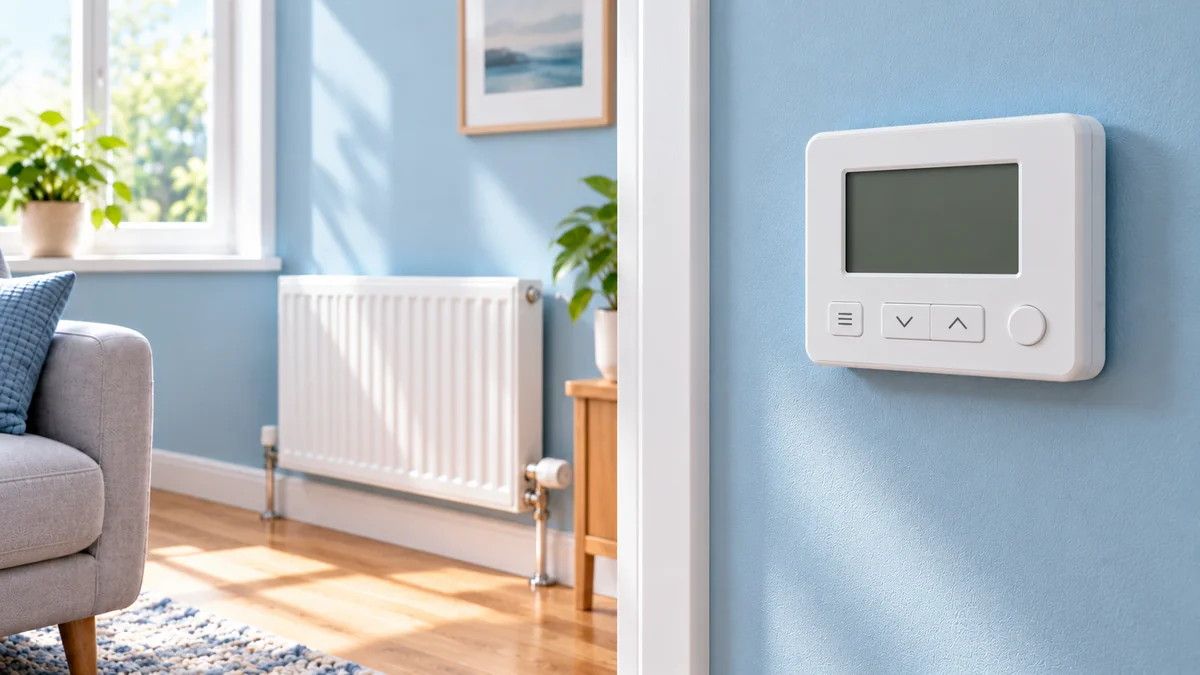 White wall-mounted thermostat with inactive display in a sunlit blue living room