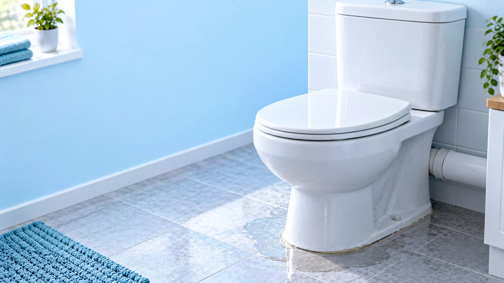 Bright bathroom with a white toilet and clear water pooling on floor tiles around its base