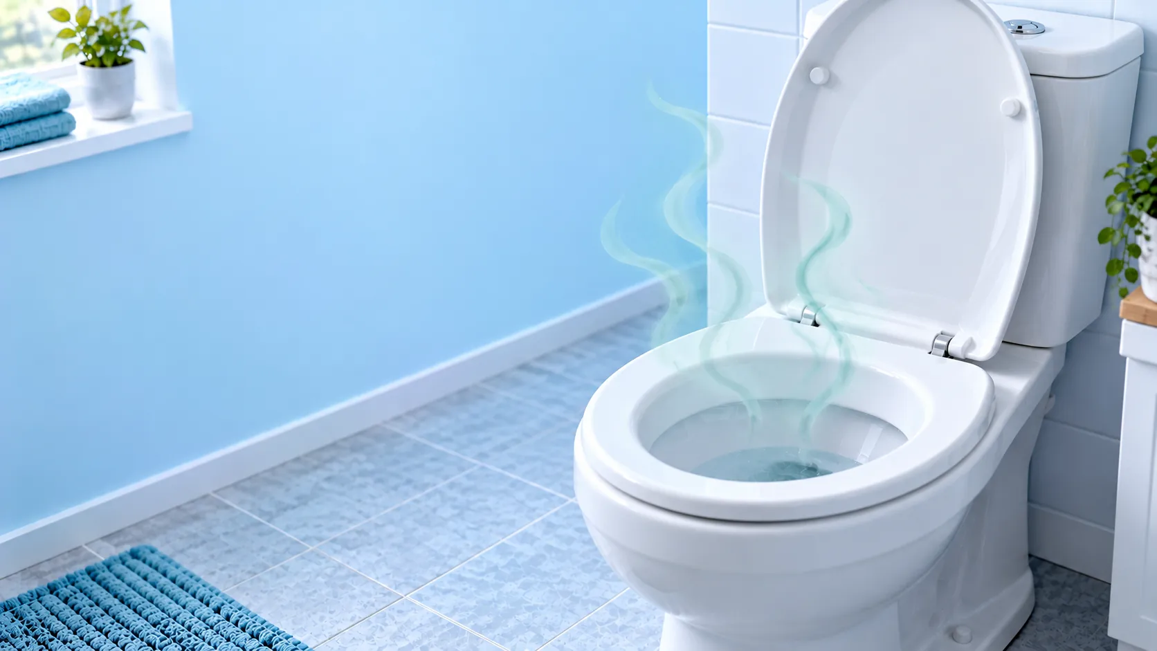 Bright blue-and-white bathroom with an open toilet and subtle teal wisps suggesting an unpleasant smell